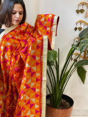 Red Designer Phulkari Dupatta in Khaddar Cotton - Masakalee