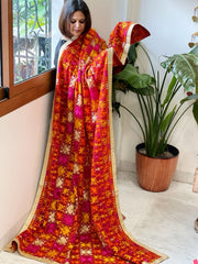 Red Designer Phulkari Dupatta in Khaddar Cotton - Masakalee