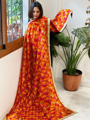 Red Designer Phulkari Dupatta in Khaddar Cotton - Masakalee