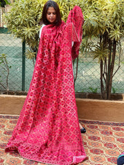 Red Designer Phulkari Dupatta in Tissue - Masakalee