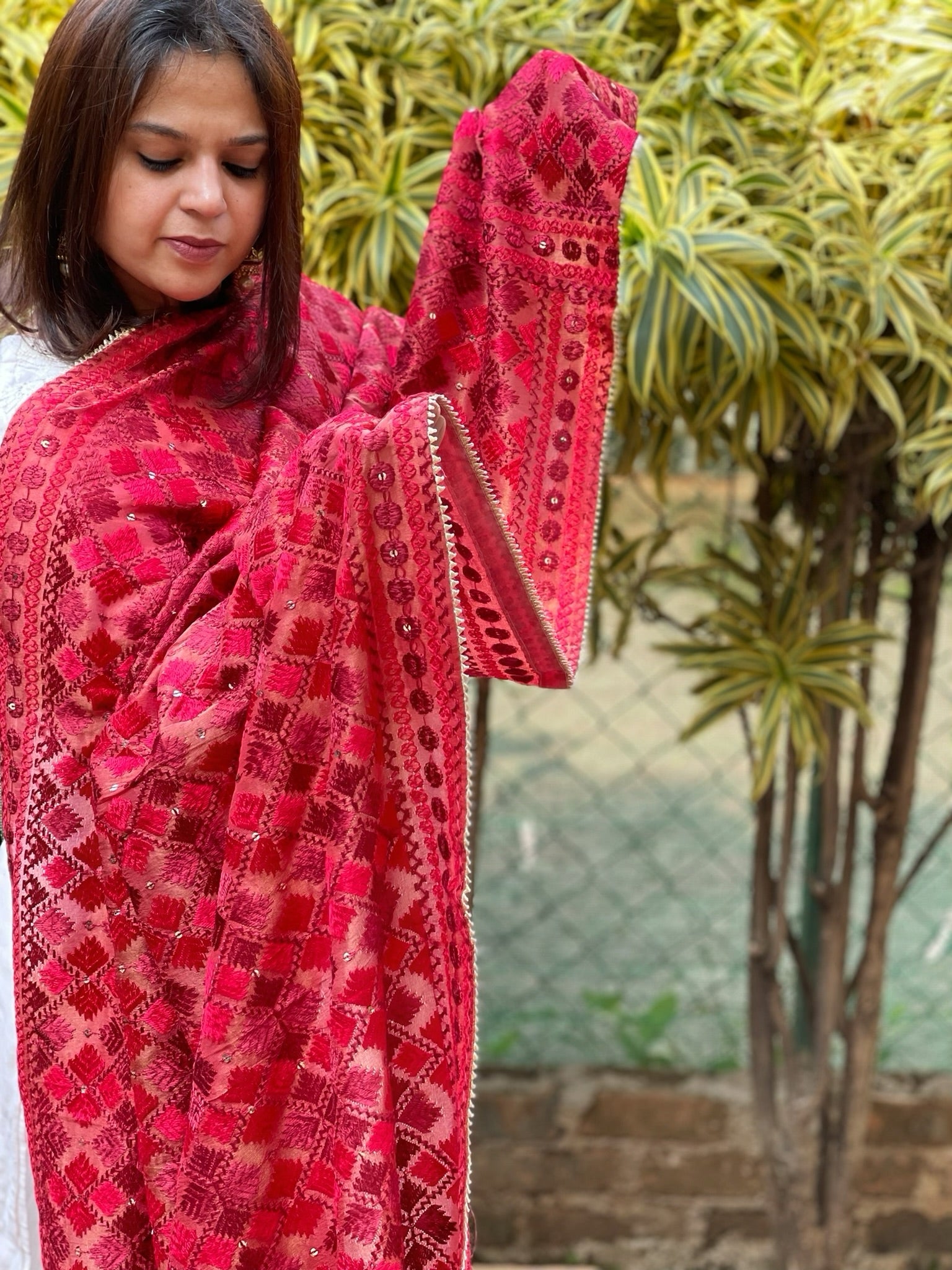 Red Designer Phulkari Dupatta in Tissue - Masakalee
