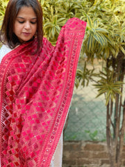 Red Designer Phulkari Dupatta in Tissue - Masakalee