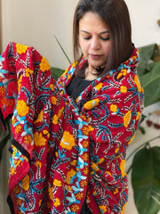 Red Georgette dupatta with Woolen Thread Handwork - Masakalee