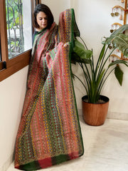 Red, Green Handmade Kantha Dupatta in Silk - Masakalee
