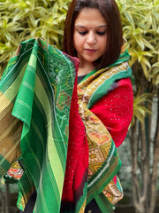 Red, Green Handwoven Patola with Rai Bandhej Dupatta in Pure Silk - Masakalee