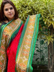 Red, Green Handwoven Patola with Rai Bandhej Dupatta in Pure Silk - Masakalee