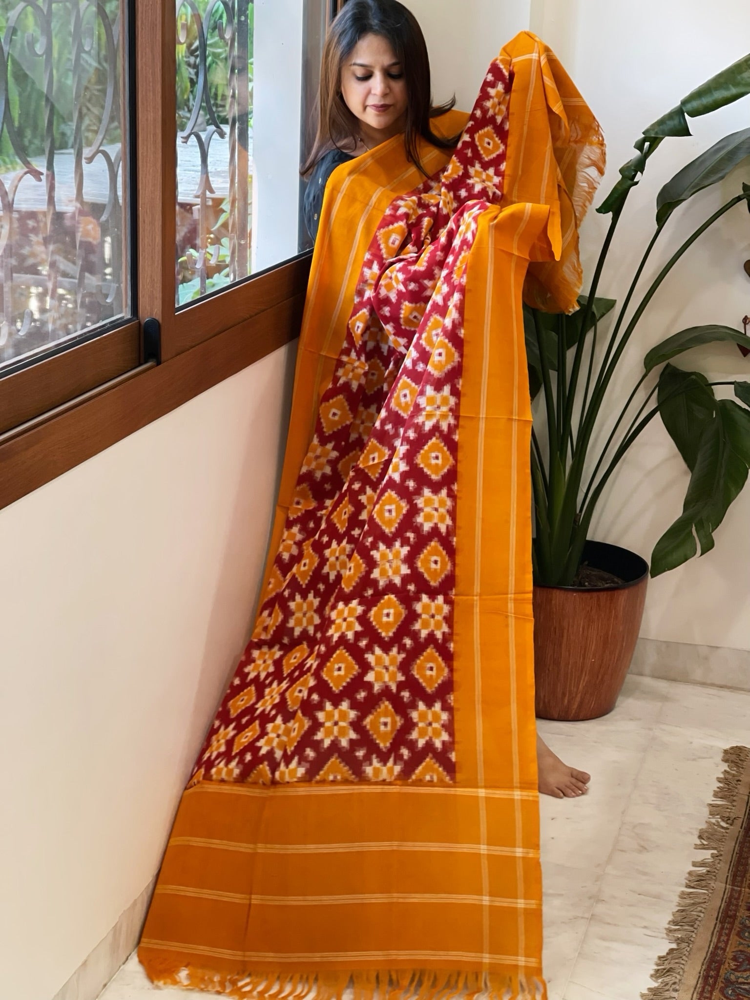 Red, Haldi Yellow Double Ikat Telia Rumal Dupatta in Cotton - Masakalee