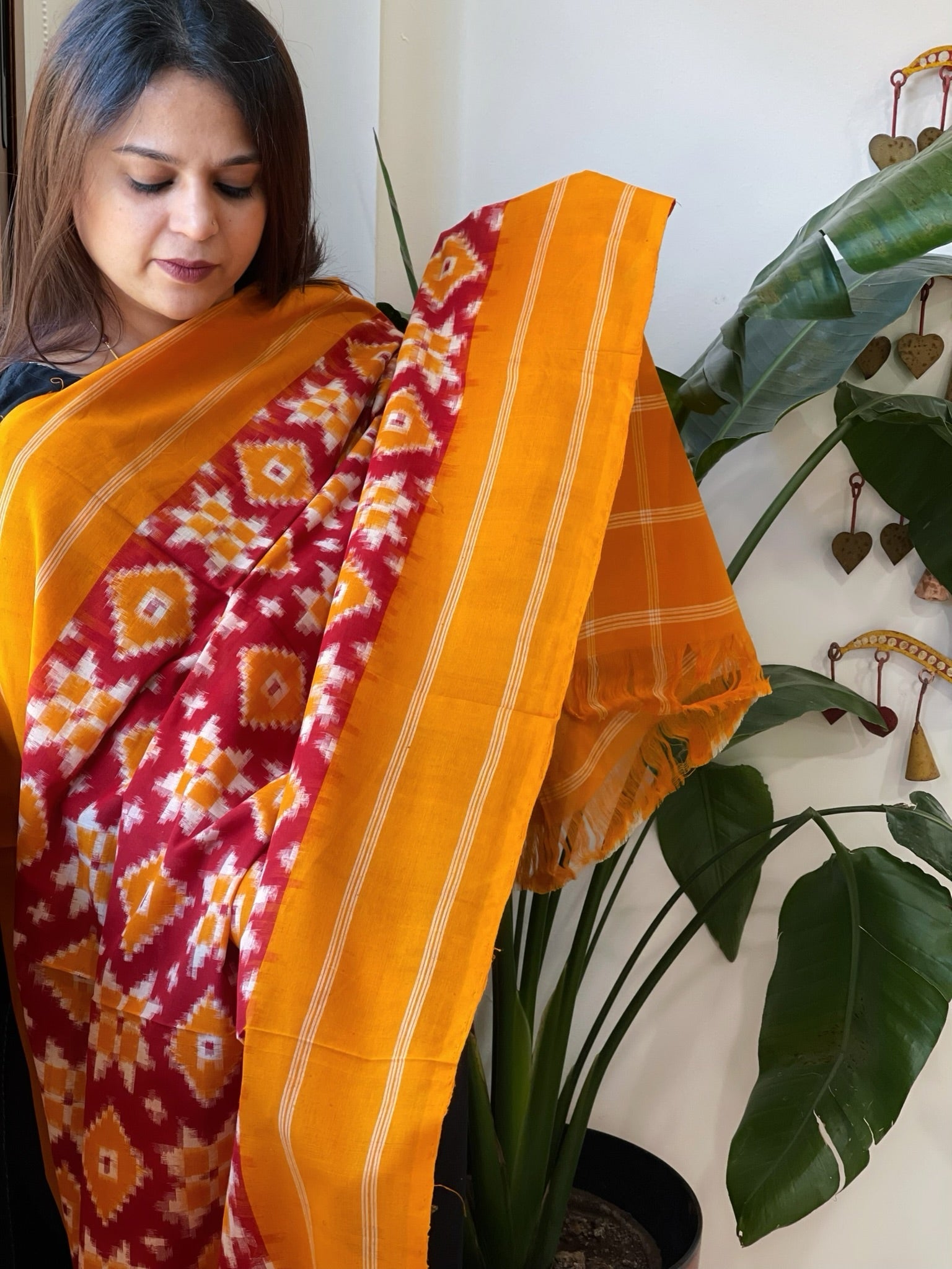 Red, Haldi Yellow Double Ikat Telia Rumal Dupatta in Cotton - Masakalee