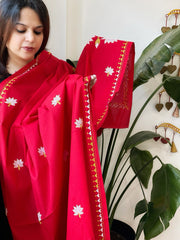 Red Handmade Kantha Dupatta in Pure Cotton - Masakalee