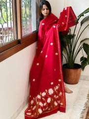 Red Handmade Kantha Dupatta in Pure Cotton - Masakalee