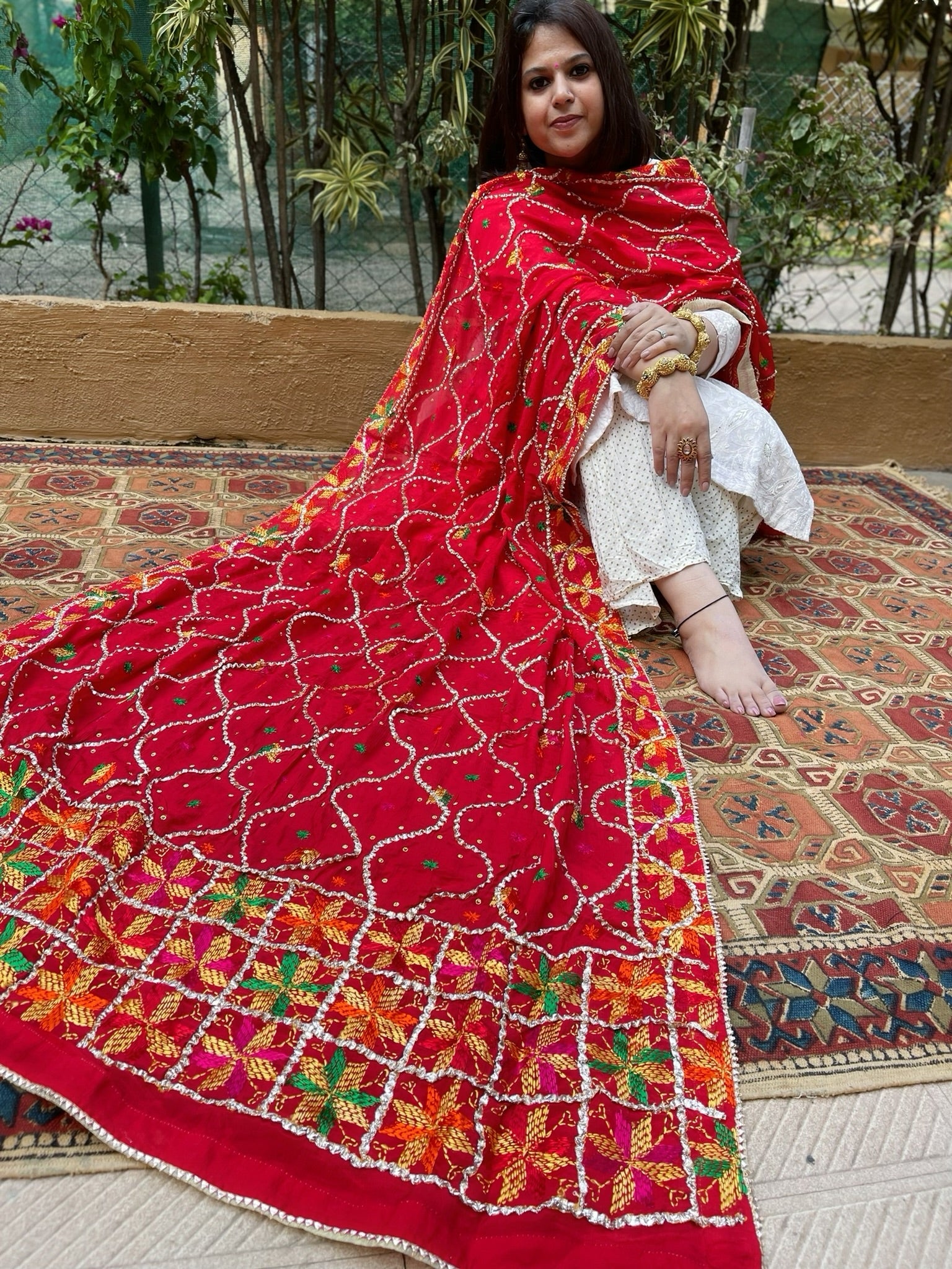 Red Handmade Phulkari Dupatta in Pure Chinon with Gota Handwork - Masakalee