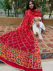 Red Handmade Phulkari Dupatta in Pure Chinon with Gota Handwork - Masakalee