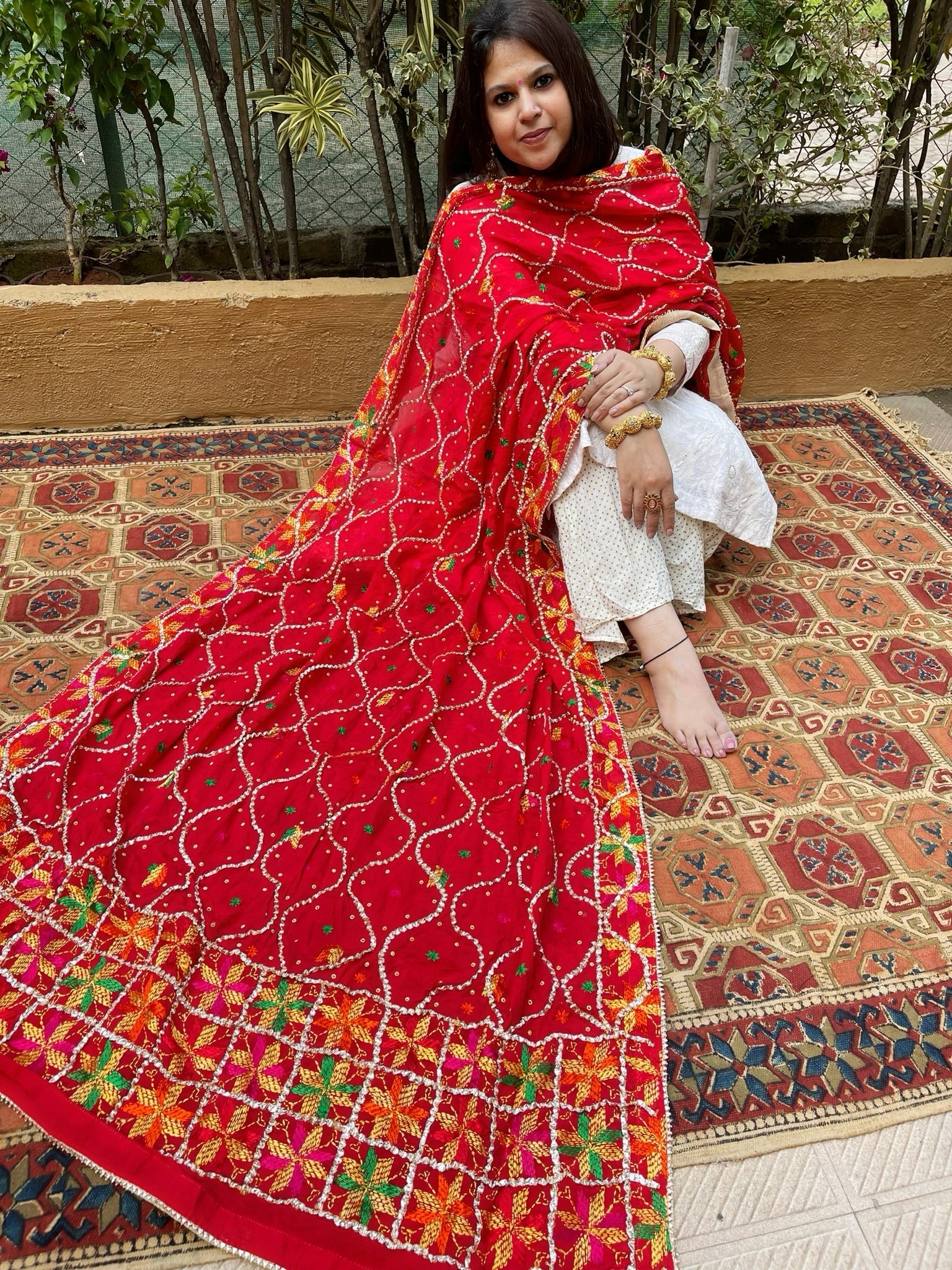 Red Handmade Phulkari Dupatta in Pure Chinon with Gota Handwork - Masakalee
