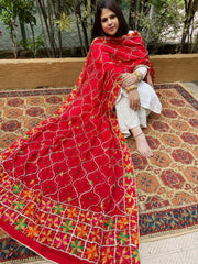 Red Handmade Phulkari Dupatta in Pure Chinon with Gota Handwork - Masakalee