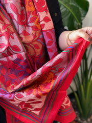 Red Handmade Reverse Nakshi Kantha Stole in Pure Silk - Masakalee