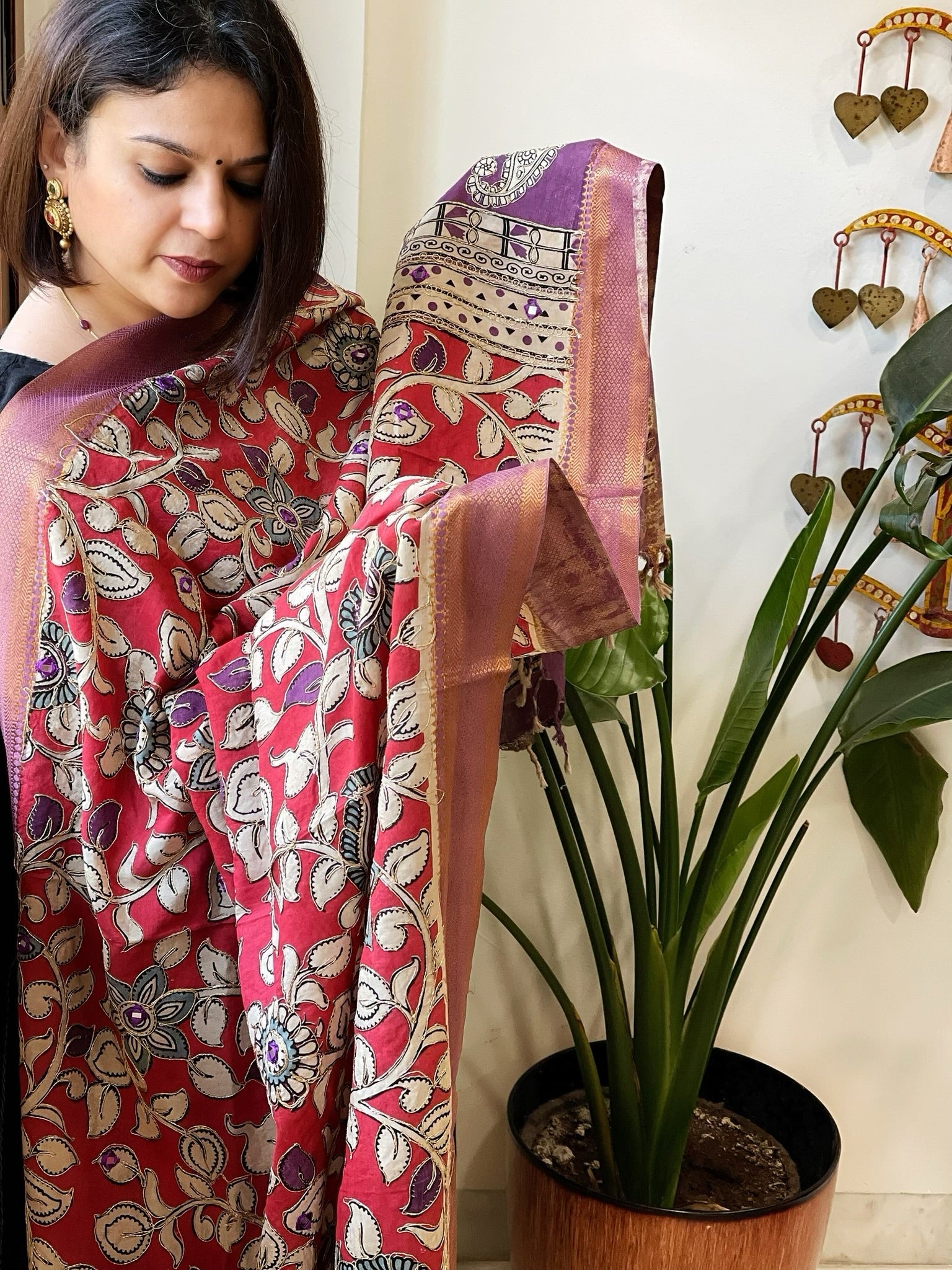 Red Handpainted Kalamkari Dupatta with Thread & Mirror Handwork in Chanderi Silk - Masakalee
