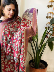Red Handpainted Kalamkari Dupatta with Thread & Mirror Handwork in Chanderi Silk - Masakalee