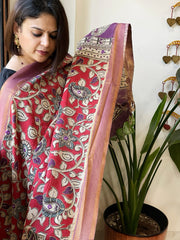 Red Handpainted Kalamkari Dupatta with Thread & Mirror Handwork in Chanderi Silk - Masakalee