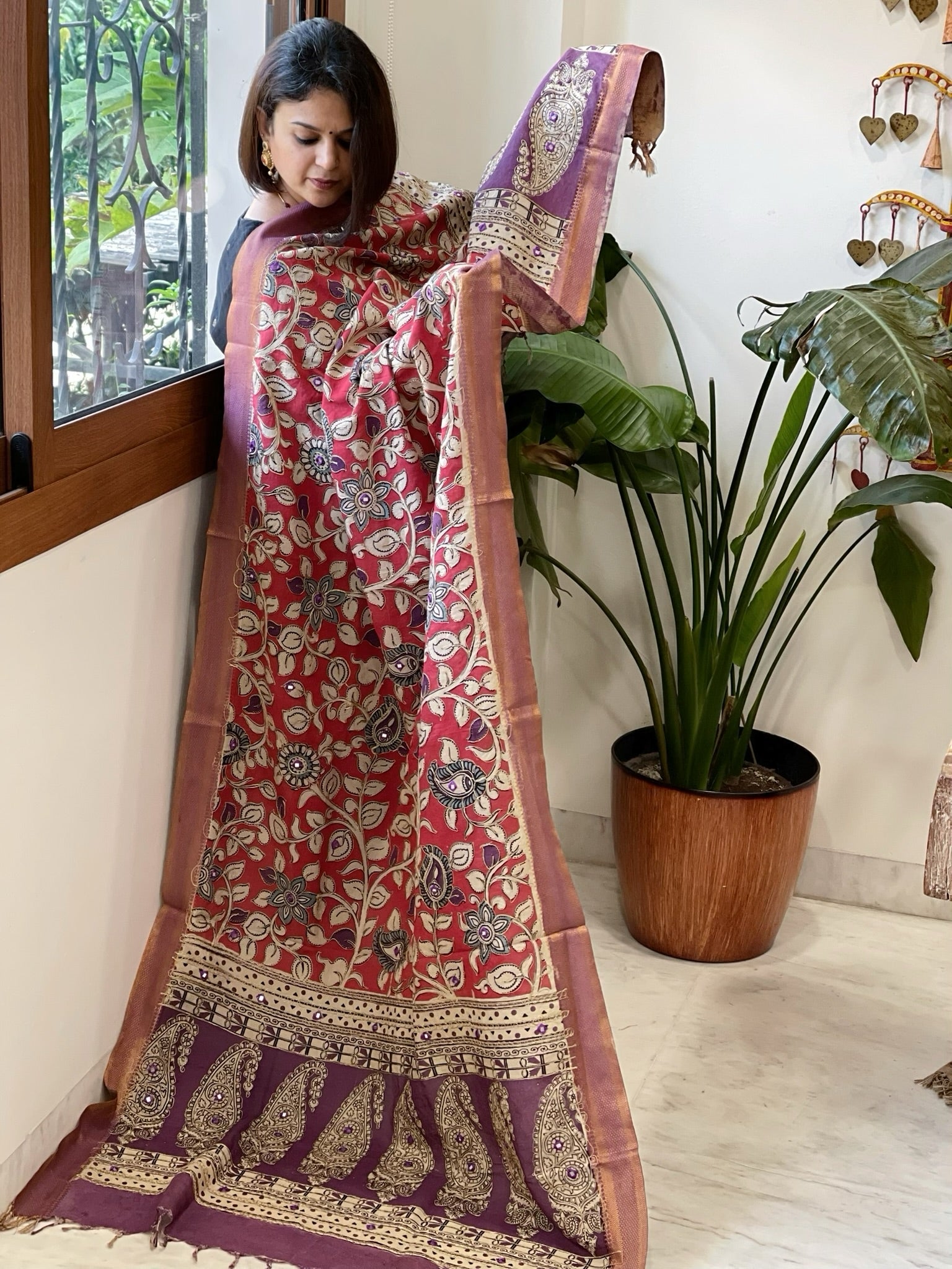 Red Handpainted Kalamkari Dupatta with Thread & Mirror Handwork in Chanderi Silk - Masakalee
