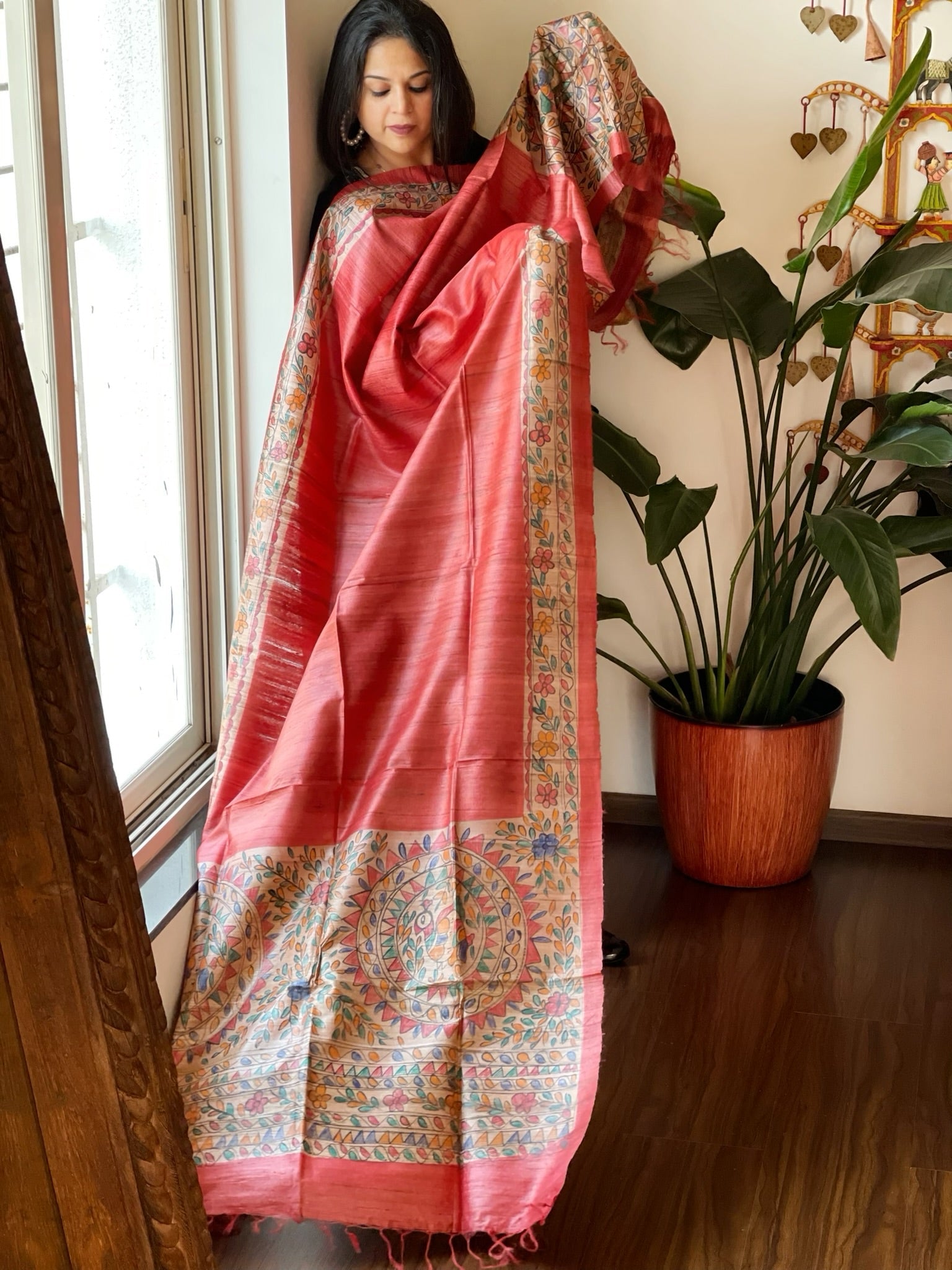 Red Handpainted Madhubani Dupatta in Pure Tussar Silk - Masakalee