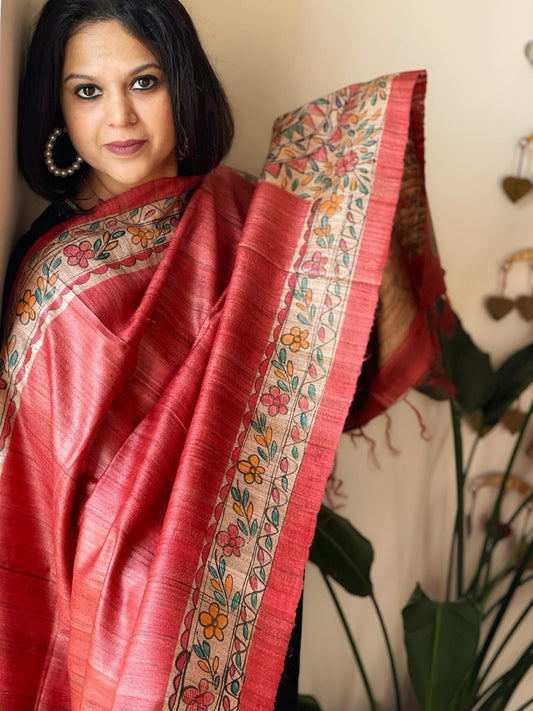 Red Handpainted Madhubani Dupatta in Pure Tussar Silk - Masakalee