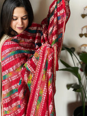 Red Handwoven Banarasi Dupatta with Multicolor Tie Dye in Pure Crushed Silk - Masakalee