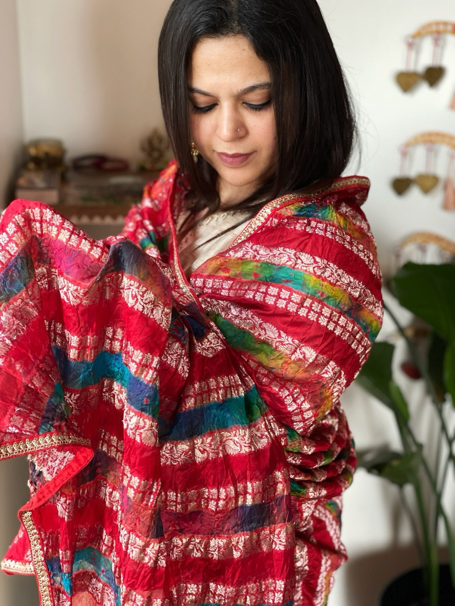 Red Handwoven Banarasi Dupatta with Multicolor Tie Dye in Pure Crushed Silk - Masakalee