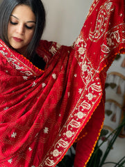 Red Handwoven Bareek Bandhani dupatta with Dabka Handwork in Pure Gajji silk - Masakalee