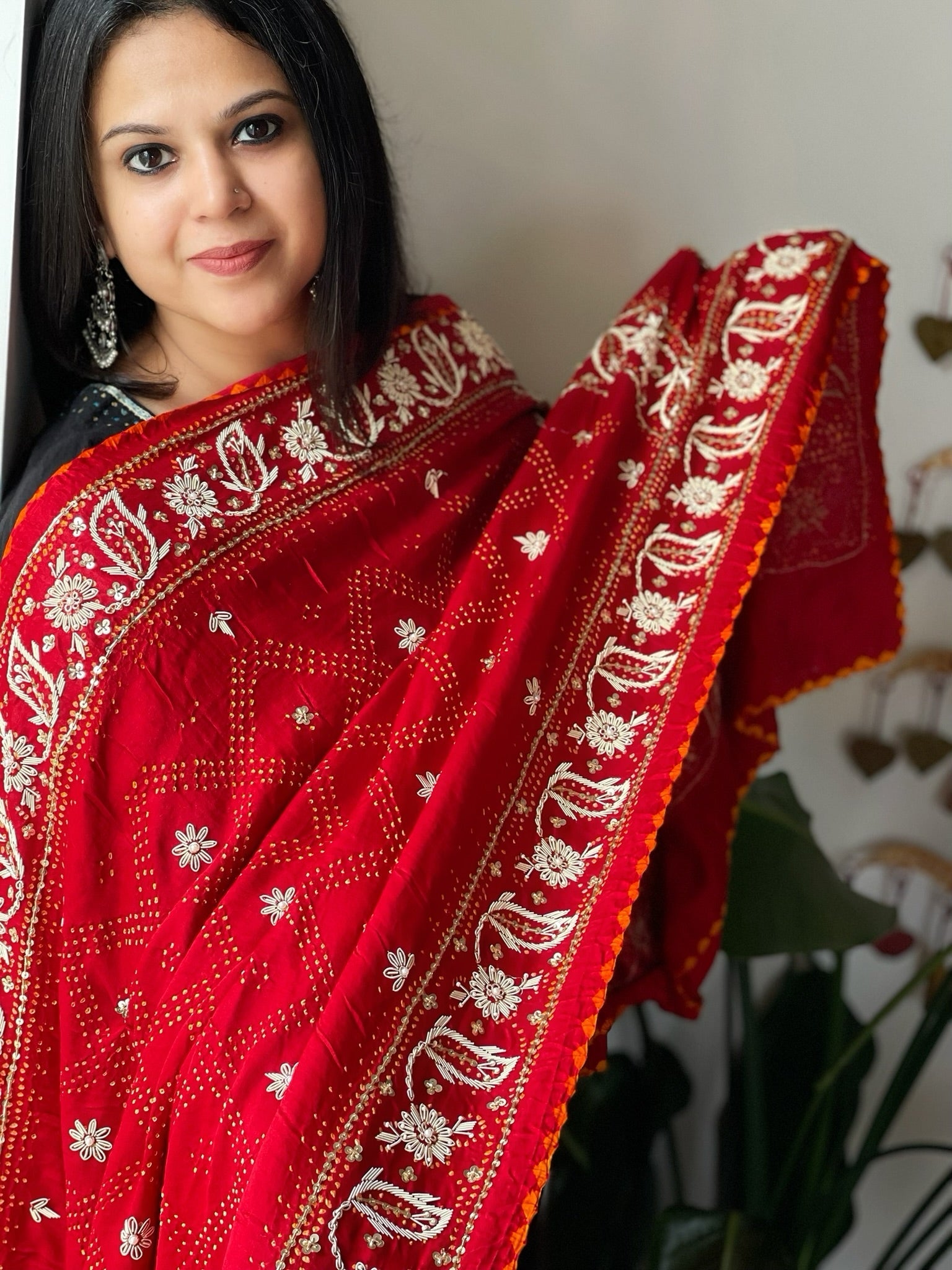 Red Handwoven Bareek Bandhani dupatta with Dabka Handwork in Pure Gajji silk - Masakalee