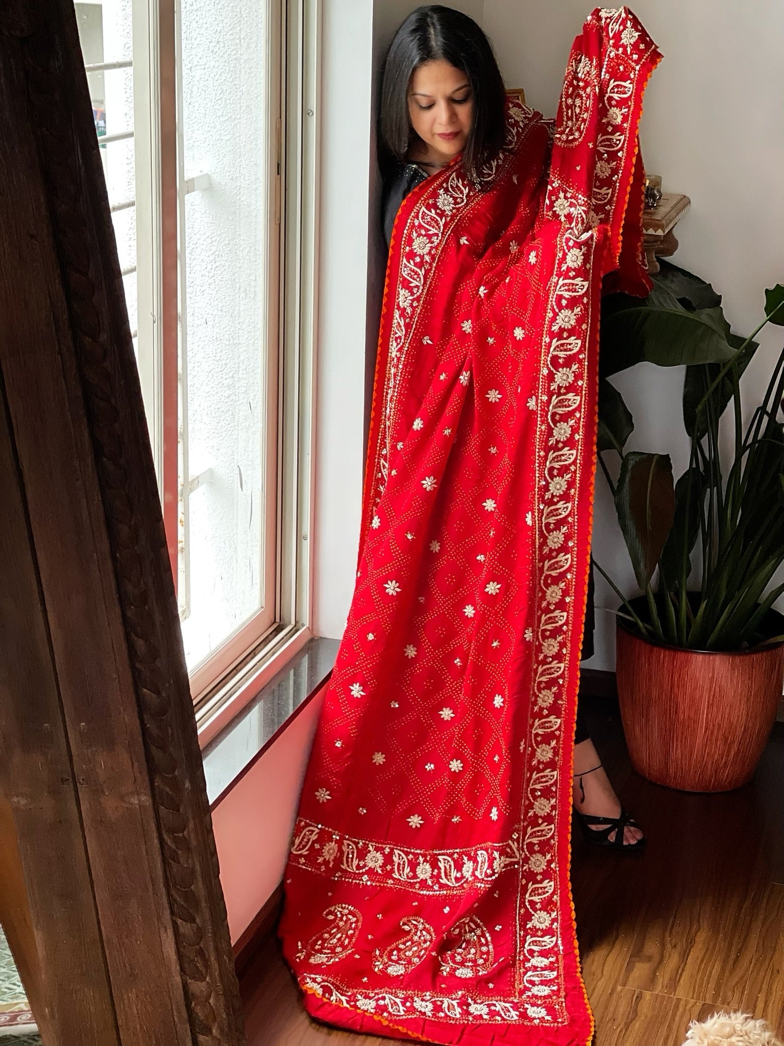 Red Handwoven Bareek Bandhani dupatta with Dabka Handwork in Pure Gajji silk - Masakalee