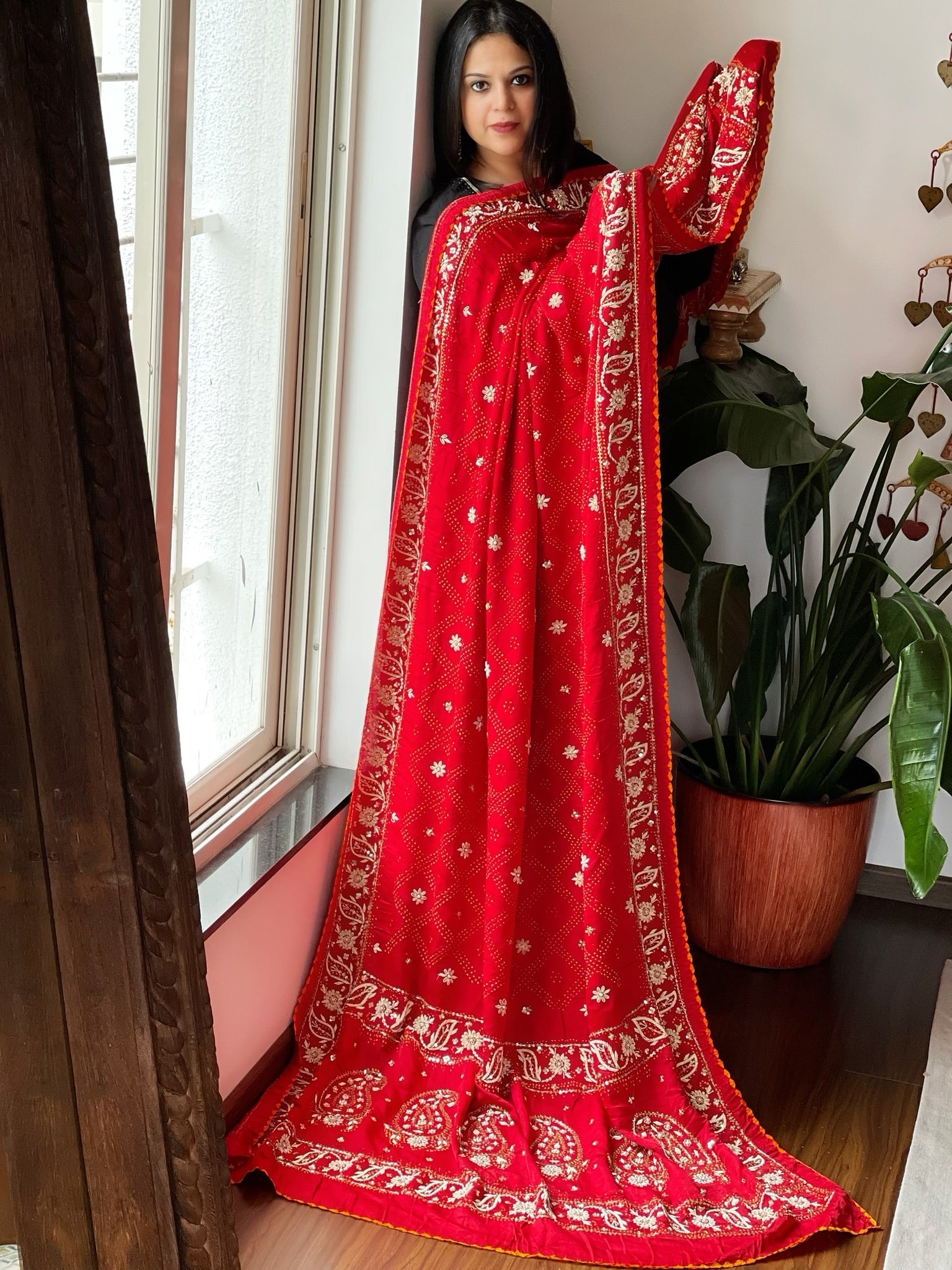 Red Handwoven Bareek Bandhani dupatta with Dabka Handwork in Pure Gajji silk - Masakalee