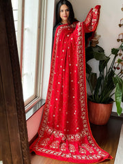 Red Handwoven Bareek Bandhani dupatta with Dabka Handwork in Pure Gajji silk - Masakalee