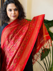 Red Handwoven Ikat Dupatta Pure Silk - Cotton - Masakalee