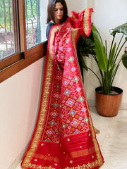 Red Handwoven Ikat Patola with Gotapatti & Pearl Handwork dupatta in Pure Silk - Masakalee