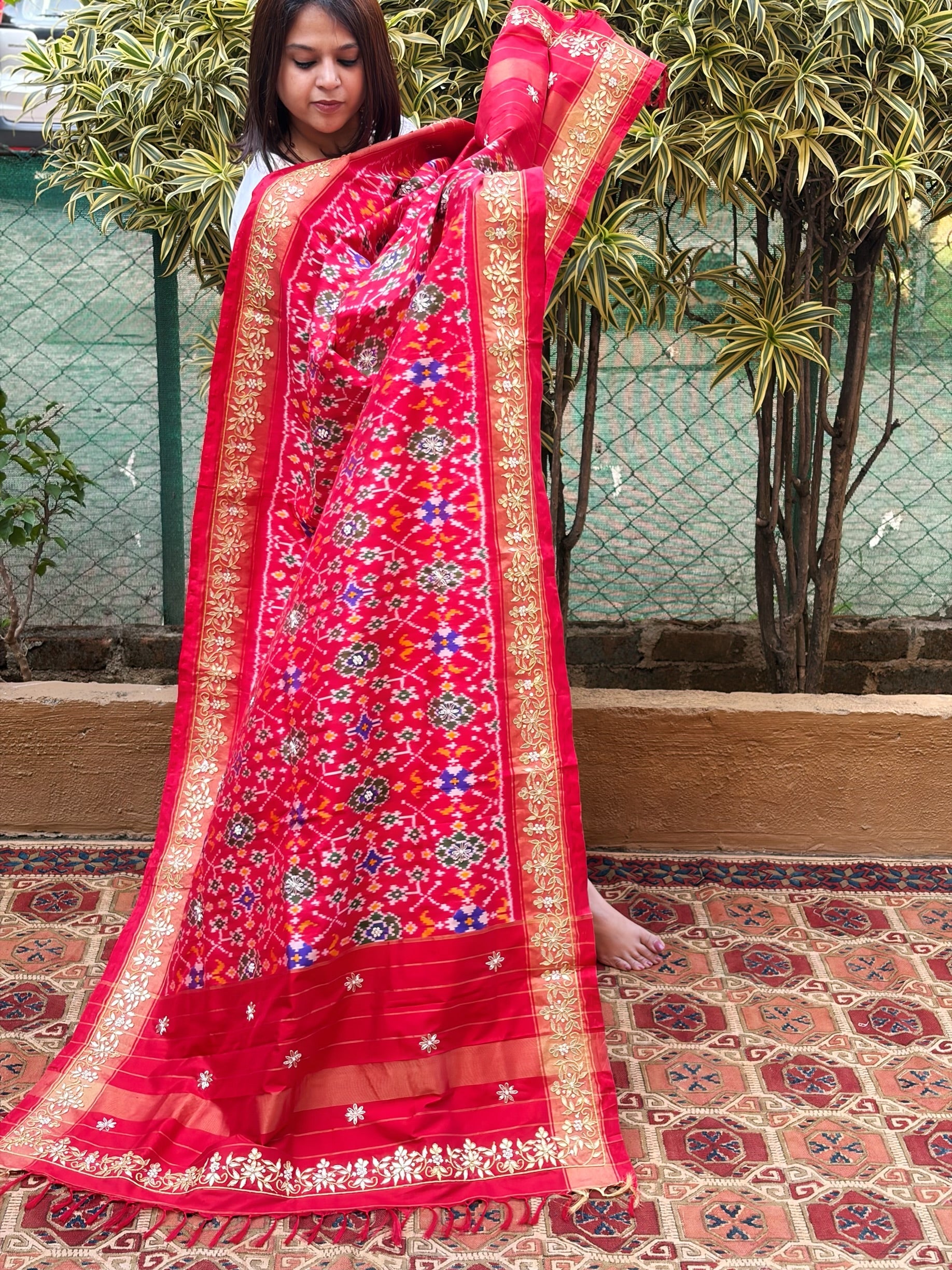 Red Handwoven Ikat Patola with Gotapatti & Pearl Handwork dupatta in Pure Silk - Masakalee