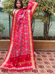 Red Handwoven Ikat Patola with Gotapatti & Pearl Handwork dupatta in Pure Silk - Masakalee