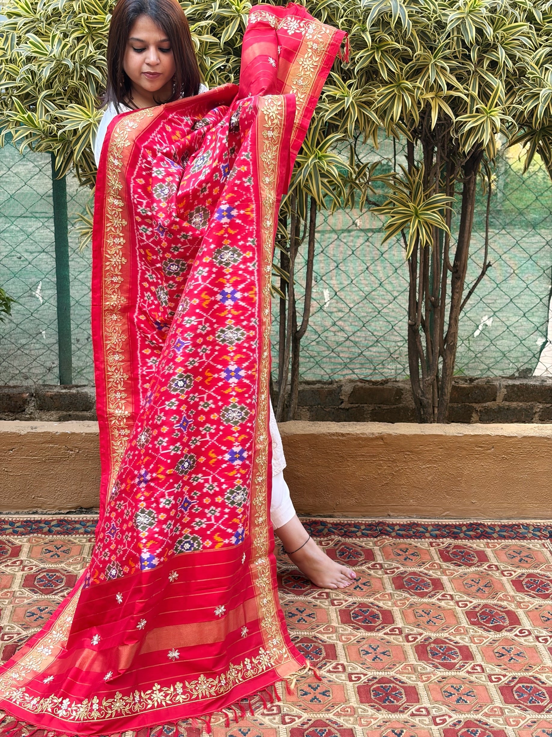 Red Handwoven Ikat Patola with Gotapatti & Pearl Handwork dupatta in Pure Silk - Masakalee