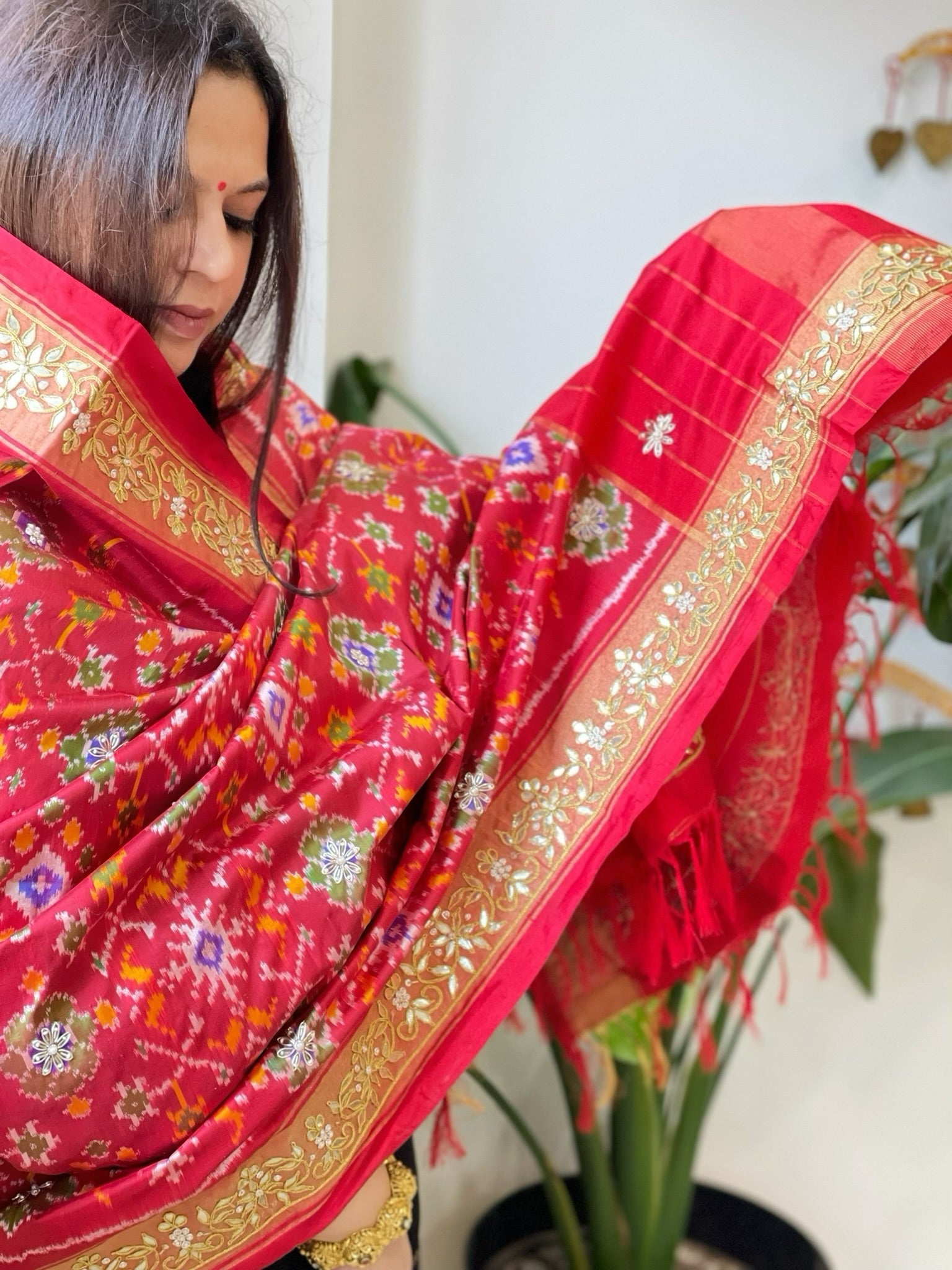 Red Handwoven Ikat Patola with Gotapatti & Pearl Handwork dupatta in Pure Silk - Masakalee