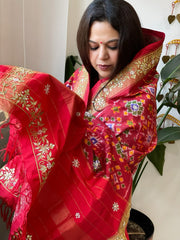 Red Handwoven Ikat Patola with Gotapatti & Pearl Handwork dupatta in Pure Silk - Masakalee