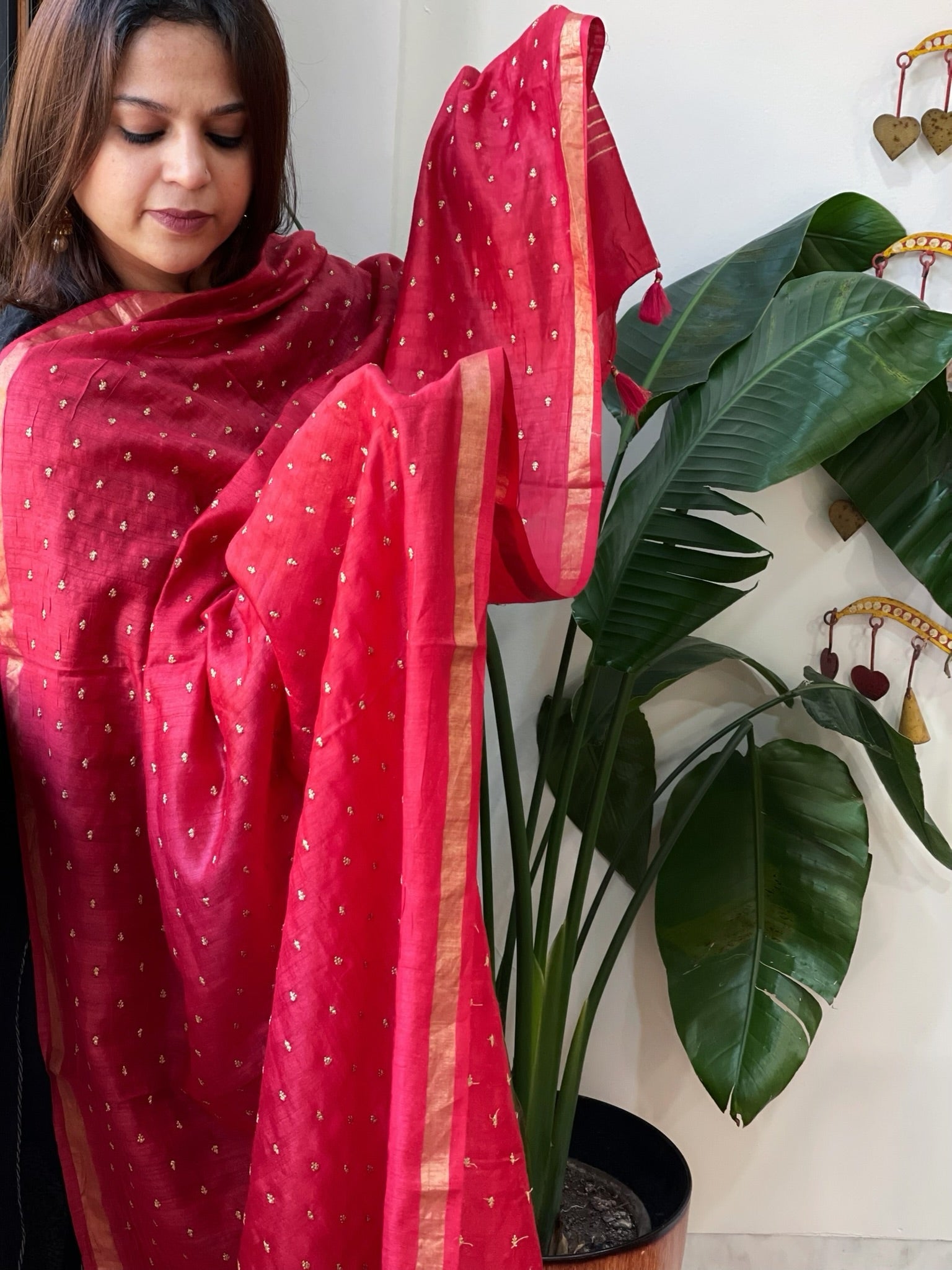 Red Handwoven Muga Silk dupattas with Hand Embroidery - Masakalee