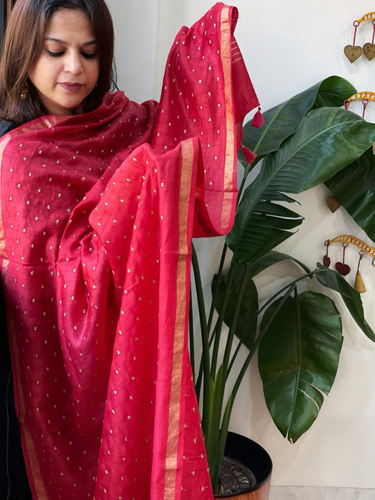 Red Handwoven Muga Silk dupattas with Hand Embroidery - Masakalee