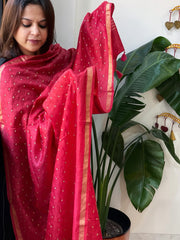 Red Handwoven Muga Silk dupattas with Hand Embroidery - Masakalee