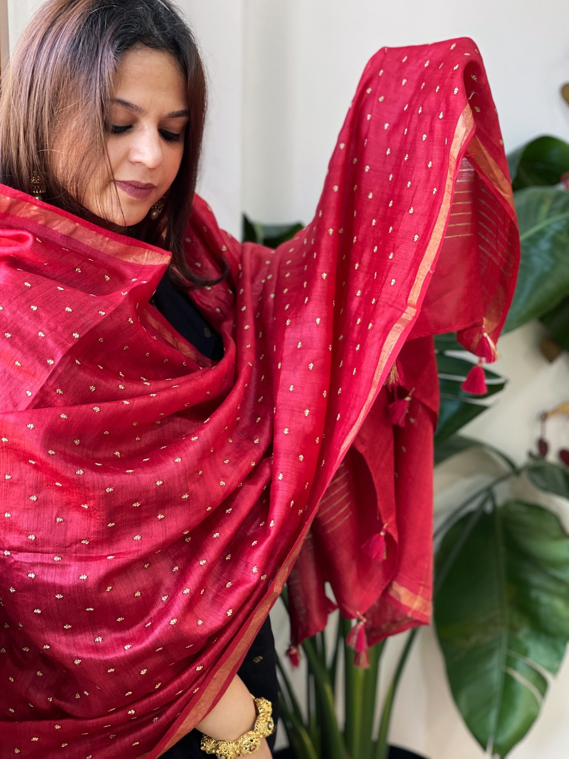 Red Handwoven Muga Silk dupattas with Hand Embroidery - Masakalee