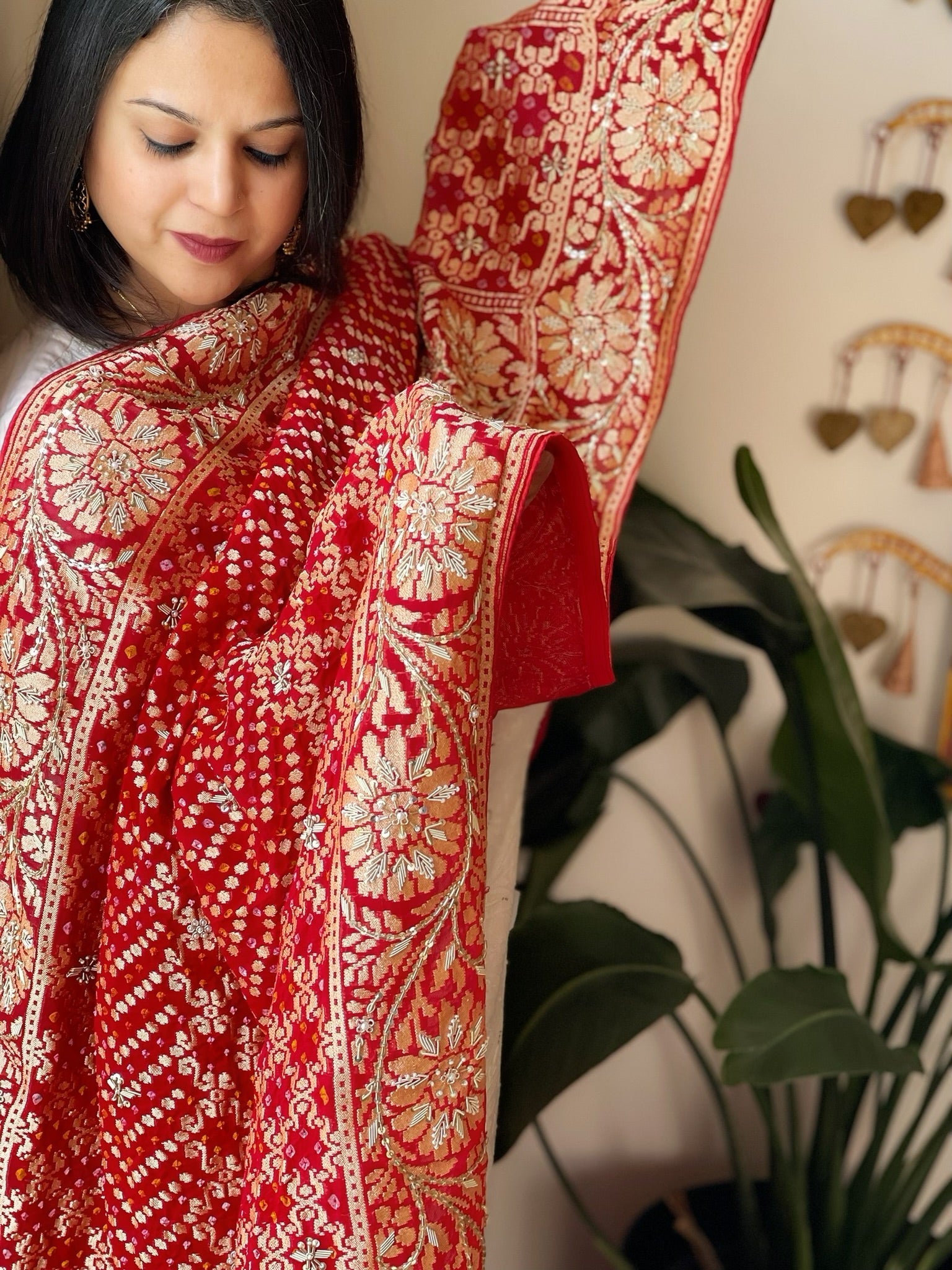 Red Handwoven NeemZari Bareek Bandhani with Dabka Handwork in Pure Georgette - Masakalee