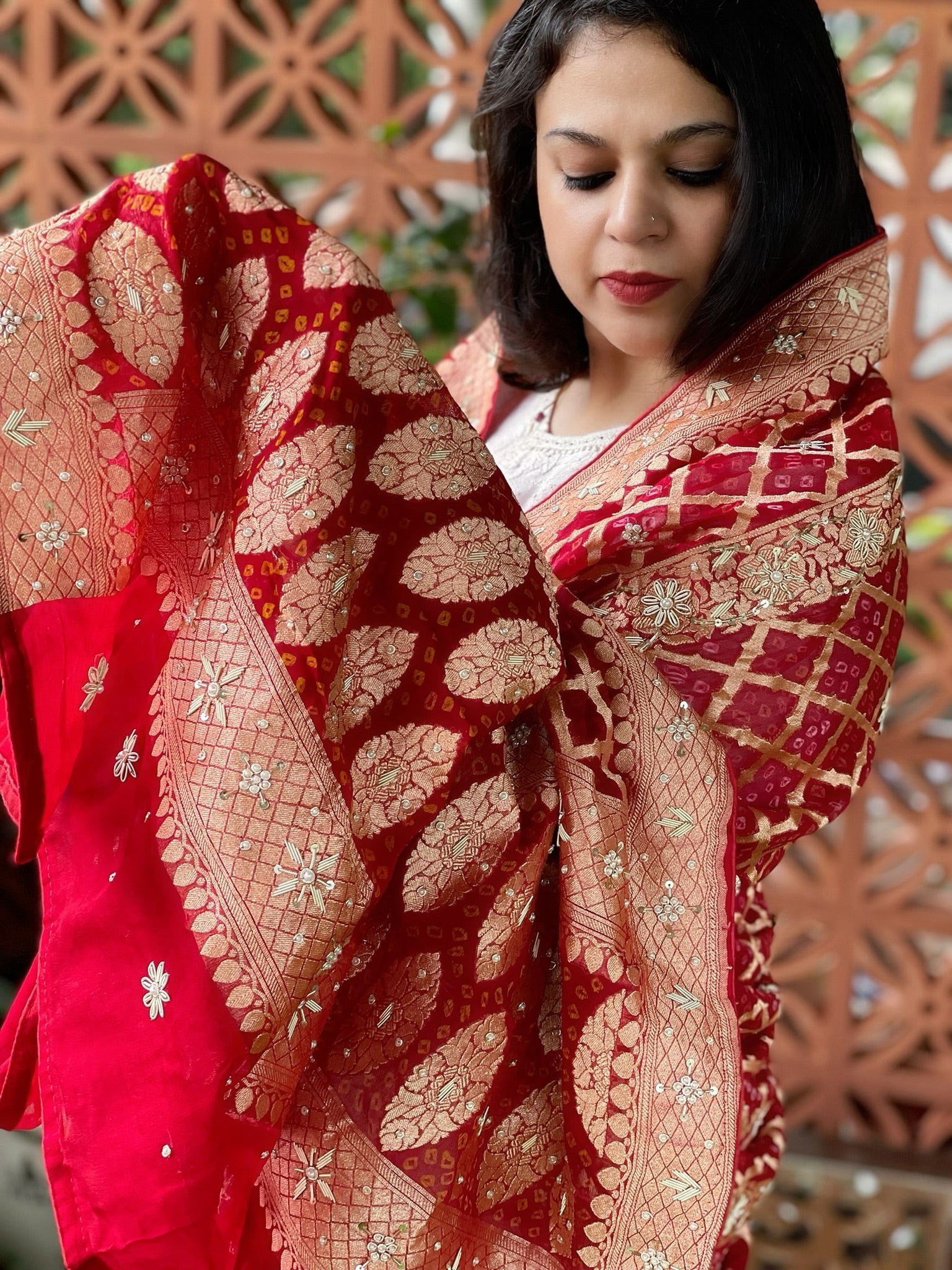 Red Handwoven NeemZari Bareek Bandhani with Dabka Handwork in Pure Georgette - Masakalee