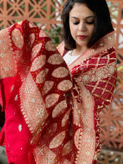 Red Handwoven NeemZari Bareek Bandhani with Dabka Handwork in Pure Georgette - Masakalee