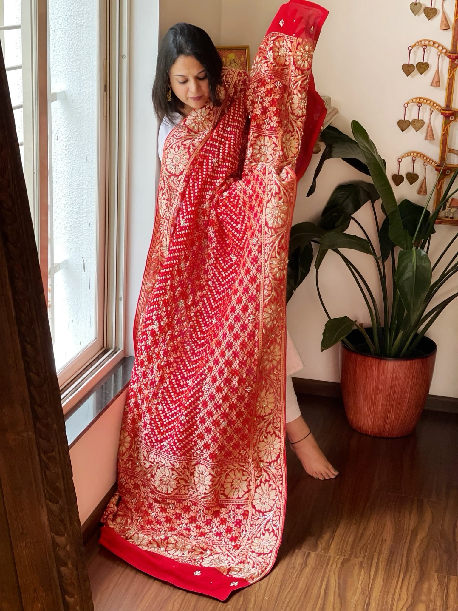 Red Handwoven NeemZari Bareek Bandhani with Dabka Handwork in Pure Georgette - Masakalee
