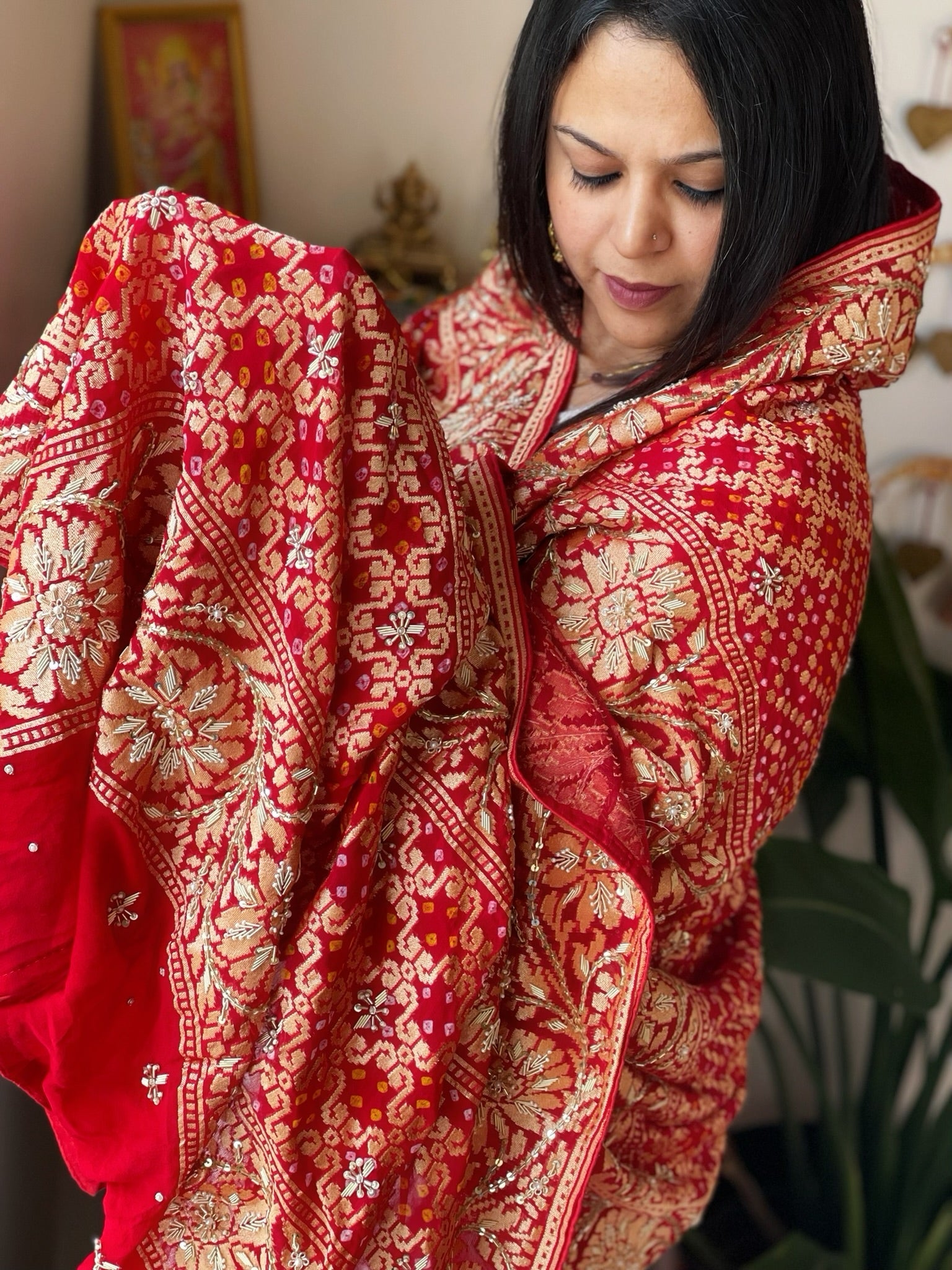Red Handwoven NeemZari Bareek Bandhani with Dabka Handwork in Pure Georgette - Masakalee
