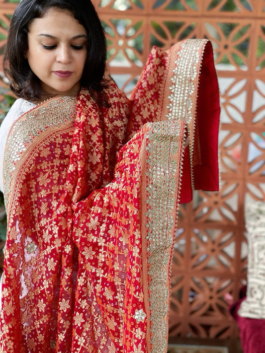 Red Handwoven NeemZari Bareek Bandhani with Gotapatti Handwork in Pure Georgette - Masakalee