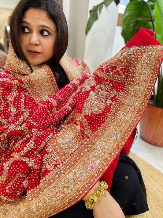 Red Handwoven NeemZari Bareek Bandhani with Meenakari and Dabka Handwork in Pure Georgette - Masakalee